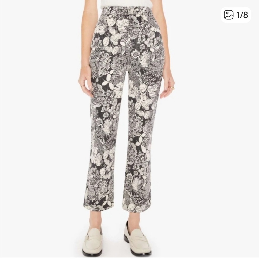 MOTHER Black & White Floral Husyler Ankle Cropped Jeans